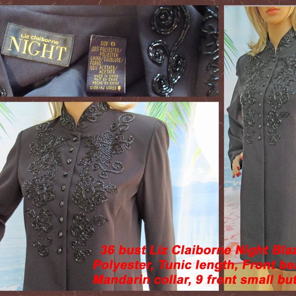 Liz Claiborne Night tunic length beaded top blazer, 36 bust, Polyester, Lined - Picture 11 of 14